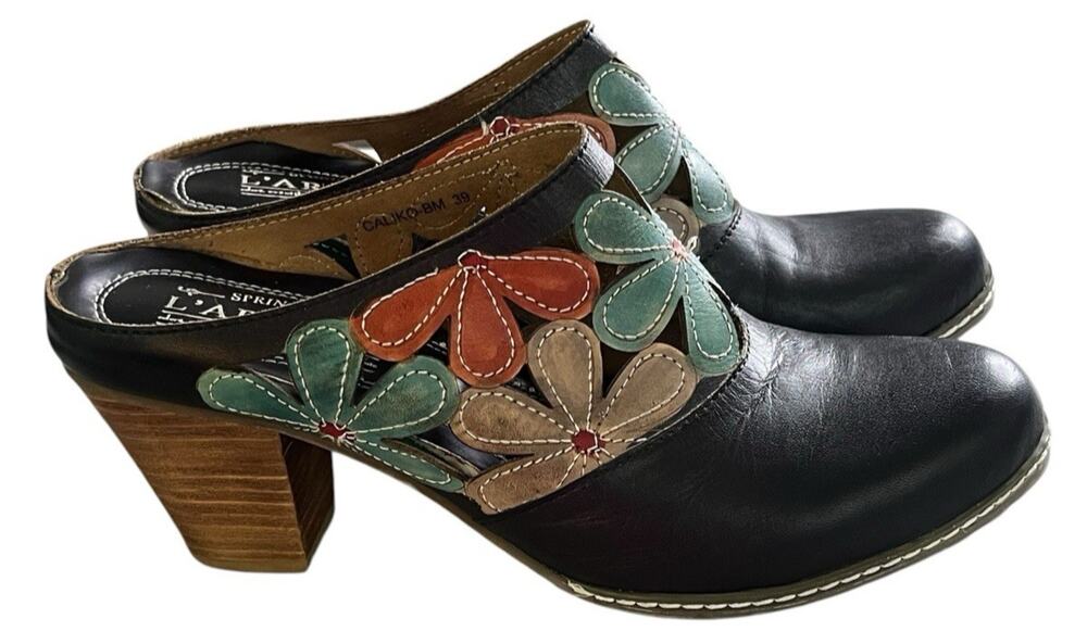 Spring Step L'Artiste Caliko Floral Clog Women's 39 US 9 Black Leather Mule Heel